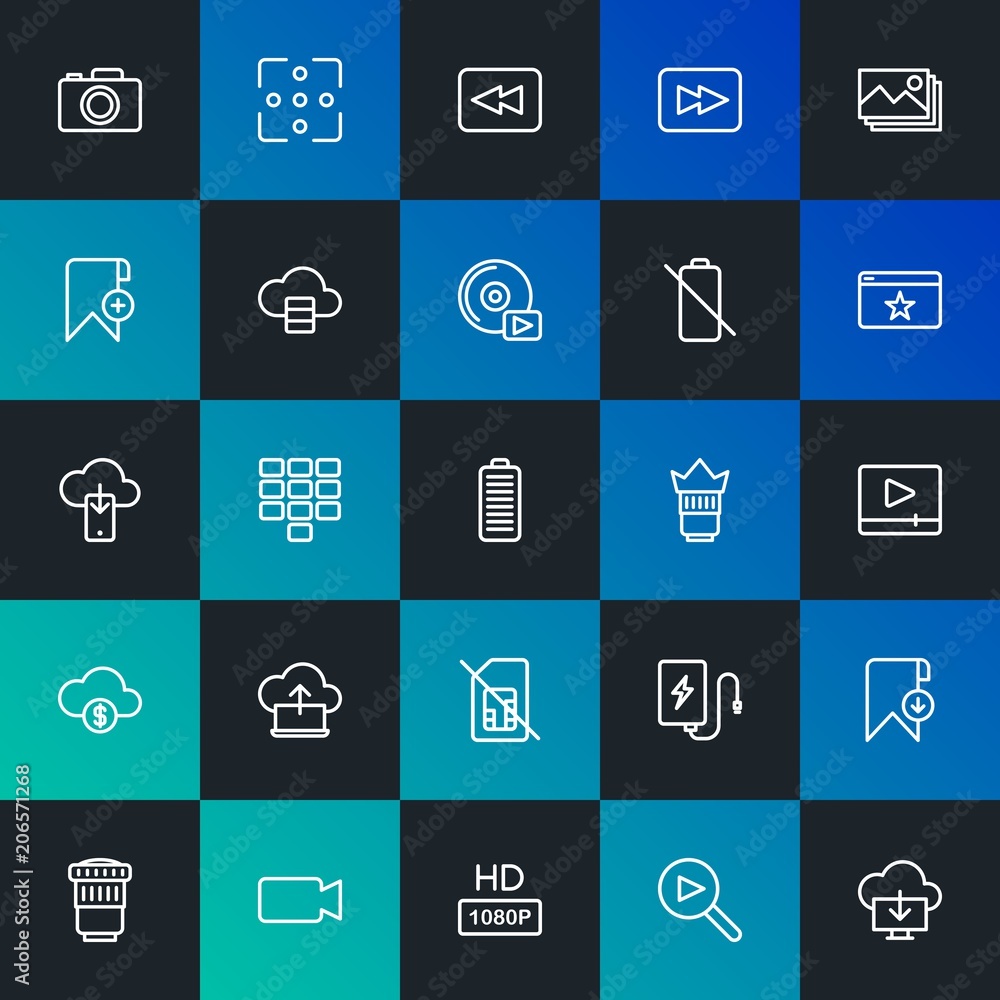 Poster modern simple set of cloud and networking, mobile, video, photos, bookmarks vector outline icons. co