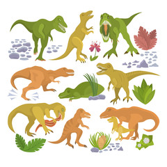 Dinosaur vector tyrannosaurus rex cartoon character dino and jurassic tyrannosaur attacking illustration set of ancient animal isolated on white background