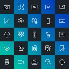 Modern Simple Set of cloud and networking, mobile, video, photos, bookmarks Vector outline Icons. Contains such Icons as  and more on dark and gradient background. Fully Editable. Pixel Perfect.