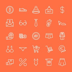 Modern Simple Set of clothes, money, shopping Vector outline Icons. Contains such Icons as  finance,  female,  golden,  clock,  bikini and more on orange background. Fully Editable. Pixel Perfect.