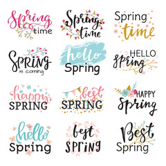 Hello spring time vector lettering text greeting card special springtime typography hand drawn Spring graphic illustration badge