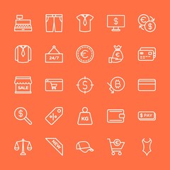 Modern Simple Set of clothes, money, shopping Vector outline Icons. Contains such Icons as  internet,  purse,  sign,  store,  clothing and more on orange background. Fully Editable. Pixel Perfect.