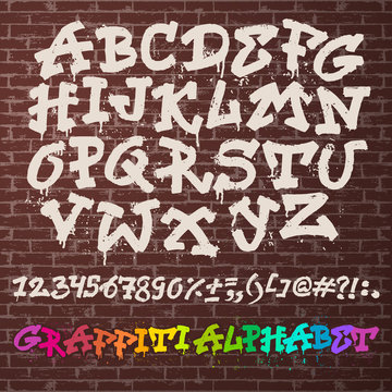 Alphabet graffiti vector alphabetical font ABC by brush stroke graffity font with letters and numbers or grunge alphabetic typography illustration isolated on brick wall background
