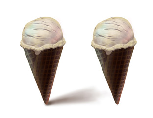 Hand drawn digital illustration of two horns of ice cream isolated on a white background. Summer food