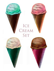 Hand drawn digital illustration set of ice cream isolated on a white background. Summer food