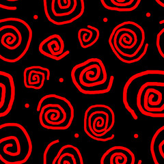 Seamless pattern. Uneven red spirals on a black background.