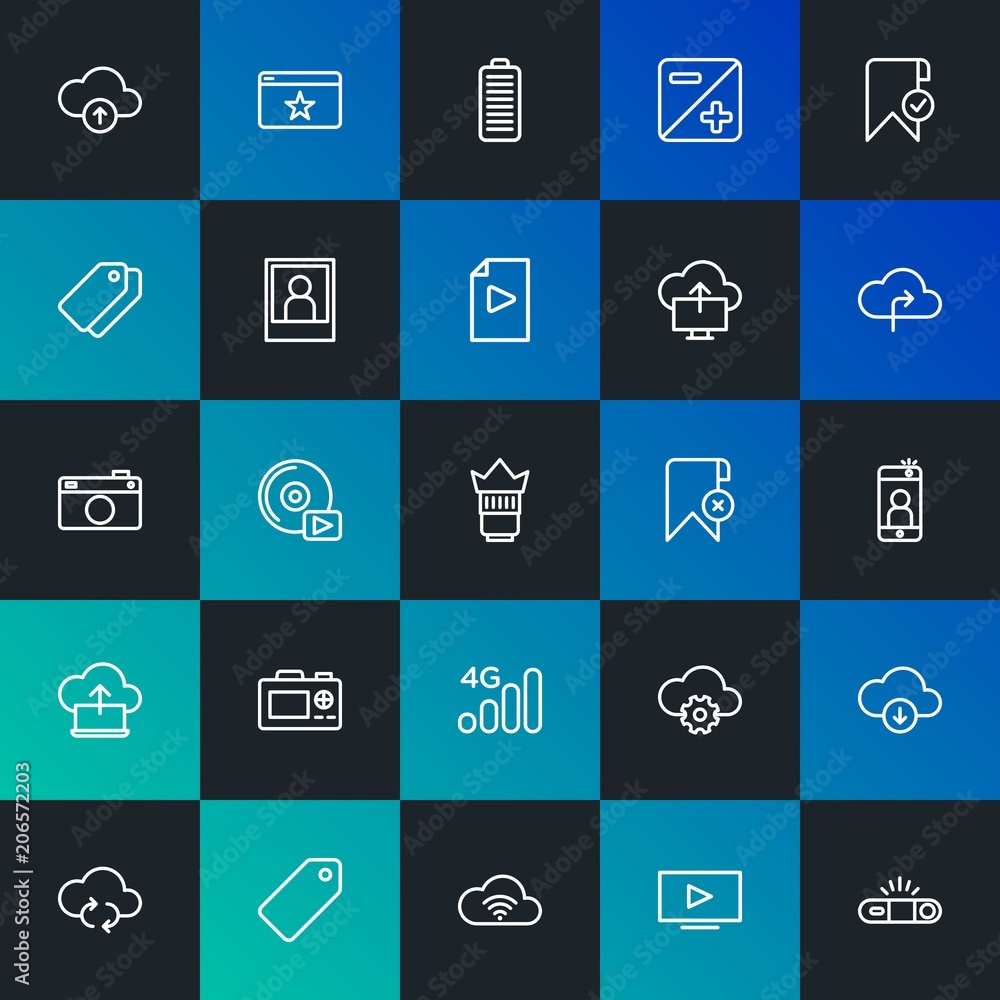 Poster modern simple set of cloud and networking, mobile, video, photos, bookmarks vector outline icons. co