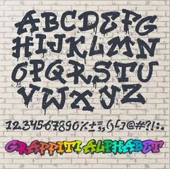 Washable wall murals Graffiti Alphabet graffity vector alphabetical font ABC by brush stroke with letters and numbers or grunge alphabetic typography illustration isolated on brick wall background