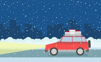 vector car with gifts at night