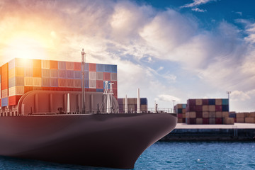 Naklejka premium Cargo ship at the port ready to travel with packages. 3d rendering