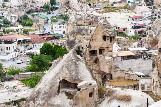 ancient cave houses in Goreme town in Cappadocia