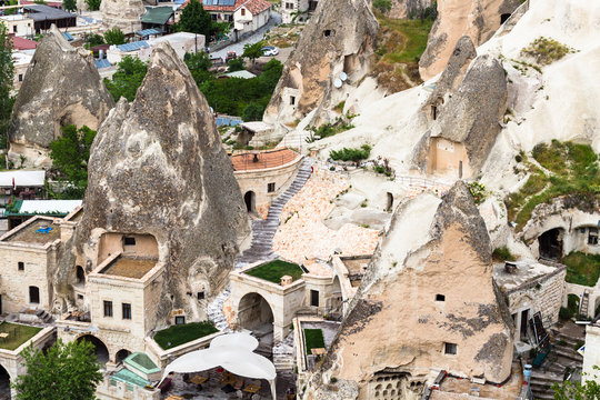 urban houses in rock-cut caves in Goreme town