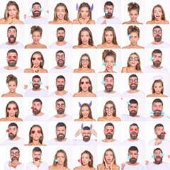 Collage of emotions. Different emotions. Emotion set of pretty girl and bearded man. Feeling and emotions. Emoji set. Set of human emotions. Emoji. Isolated on white background. Face expression.