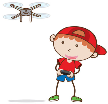 Doodle Kid Playing Drone on White Background