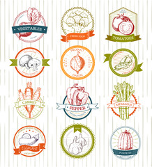 Vegetables logo vector vegetably logotype tomato or carrot for vegetarians and label of healthy organic food in grocery shop illustration vegetated badges set isolated on white background