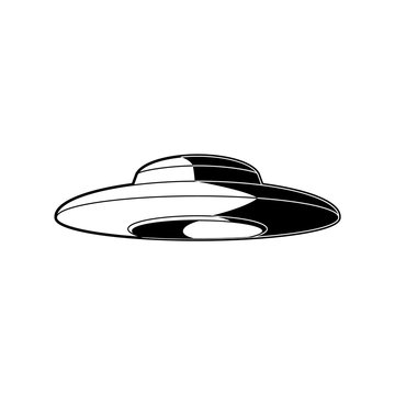 UFO alien spaceship with extraterrestrial visitors isolated on white background. Black and white cosmic object - vector illustration of flying spacecraft in form of saucer.