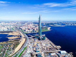 city skyline high-rise building blue sky of the Gulf of Finland photos from a height