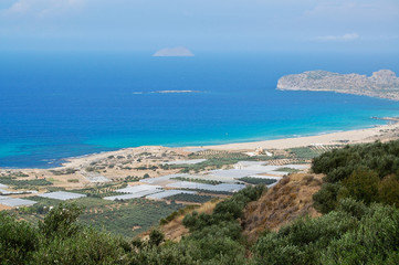 Landscape in Crete island, view to the coast and blue sea.