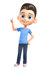 Guy points a finger upwards on a white background. 3d rendering illustration.