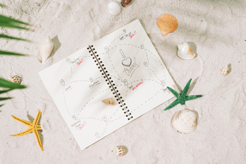 Book with straw hat and seashells at the beach