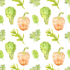 Pepper bell, herbs and greenery seamless pattern