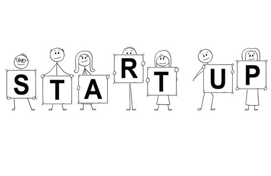 Cartoon stick man drawing conceptual illustration of businessmen and businesswomen holding signs with startup or start up text.