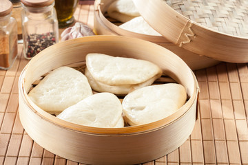 Gua bao, steamed buns in bamboo steamer