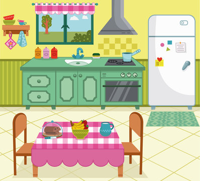 Vector illustration of a cartoon kitchen for general use.
