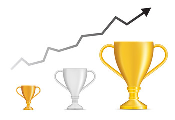 Growing chart with bronze, silver and gold trophies and an arrow isolated on white background.