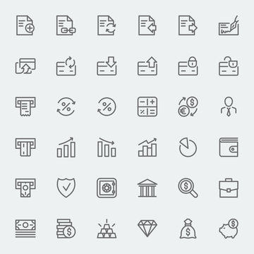 Banking and financial icons set. Line art vector black and white illustration. For your website or mobile application.
