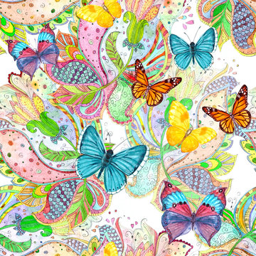 ethnic seamless texture with magic flora and butterflies. watercolor painting