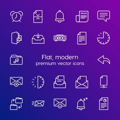 Modern Simple Set of folder, time, files, email Vector outline Icons. Contains such Icons as  send, time,  forward,  choose, folder,  web and more on gradient background. Fully Editable. Pixel Perfect