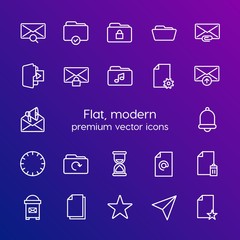 Modern Simple Set of folder, time, files, email Vector outline Icons. Contains such Icons as  web, multimedia,  mail, favorite,  red and more on gradient background. Fully Editable. Pixel Perfect
