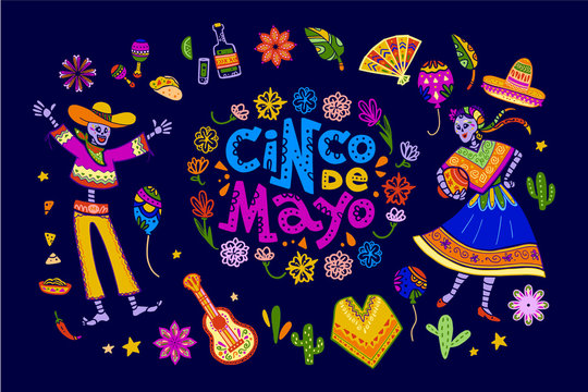 Vector cinco de mayo set of mexico traditional elements, symbols & skeleton characters in flat hand drawn style isolated on dark background. Mexican celebration, national patterns & decorations, food.