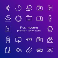 Modern Simple Set of folder, time, files, email Vector outline Icons. Contains such Icons as  clip,  digital,  upload,  morning,  forward and more on gradient background. Fully Editable. Pixel Perfect