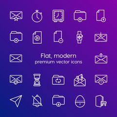 Modern Simple Set of folder, time, files, email Vector outline Icons. Contains such Icons as  upload,  document,  tomato,  counter,  file and more on gradient background. Fully Editable. Pixel Perfect