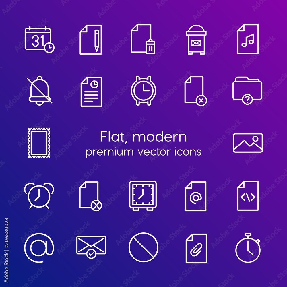 Poster modern simple set of folder, time, files, email vector outline icons. contains such icons as time, m
