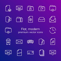 Modern Simple Set of folder, time, files, email Vector outline Icons. Contains such Icons as business, multimedia,  red,  video,  corrupt and more on gradient background. Fully Editable. Pixel Perfect