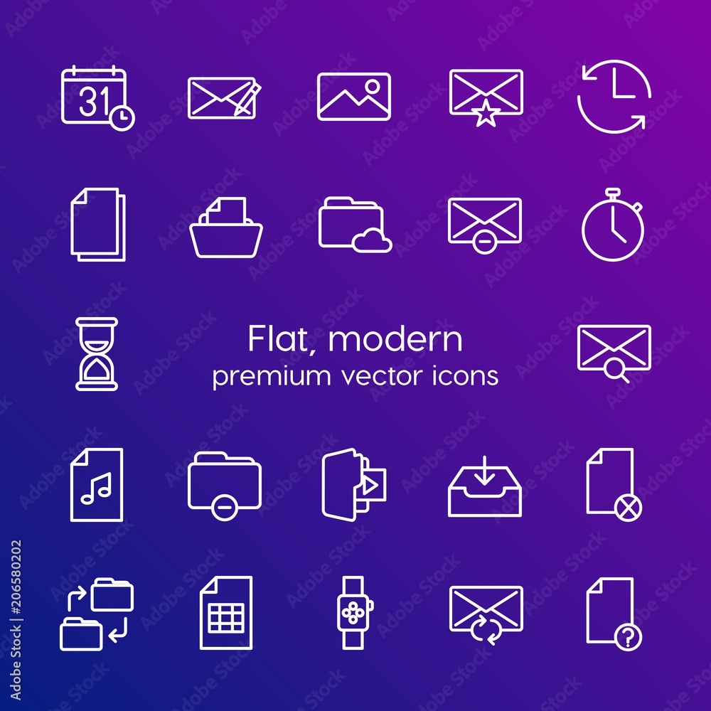 Poster modern simple set of folder, time, files, email vector outline icons. contains such icons as remove,