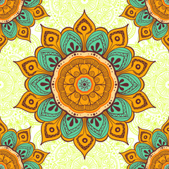 Flower mandala colorful background for cards, prints, textile and coloring books. Seamless pattern