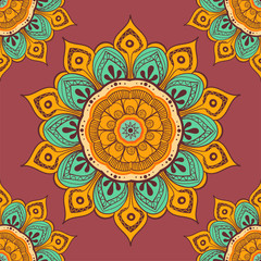 Flower mandala colorful background for cards, prints, textile and coloring books. Seamless pattern