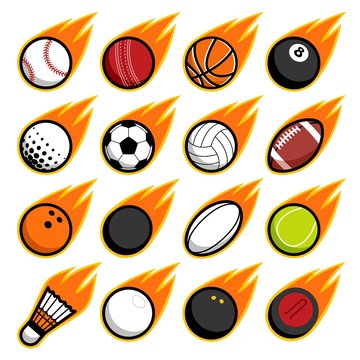 Vector fire flying play sport balls logo icon isolated objects set on white background