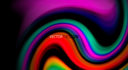Fluid rainbow colors on black background, vector wave lines and swirls