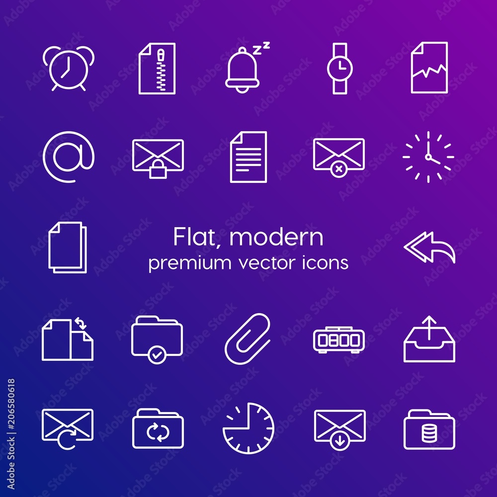 Poster modern simple set of folder, time, files, email vector outline icons. contains such icons as email, 