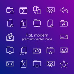Modern Simple Set of folder, time, files, email Vector outline Icons. Contains such Icons as  business,  envelope, data, calendar,  email and more on gradient background. Fully Editable. Pixel Perfect