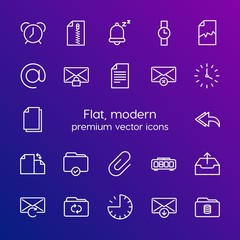 Modern Simple Set of folder, time, files, email Vector outline Icons. Contains such Icons as  email,  document,  information,  mail, file and more on gradient background. Fully Editable. Pixel Perfect