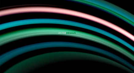 Fluid rainbow colors on black background, vector wave lines and swirls