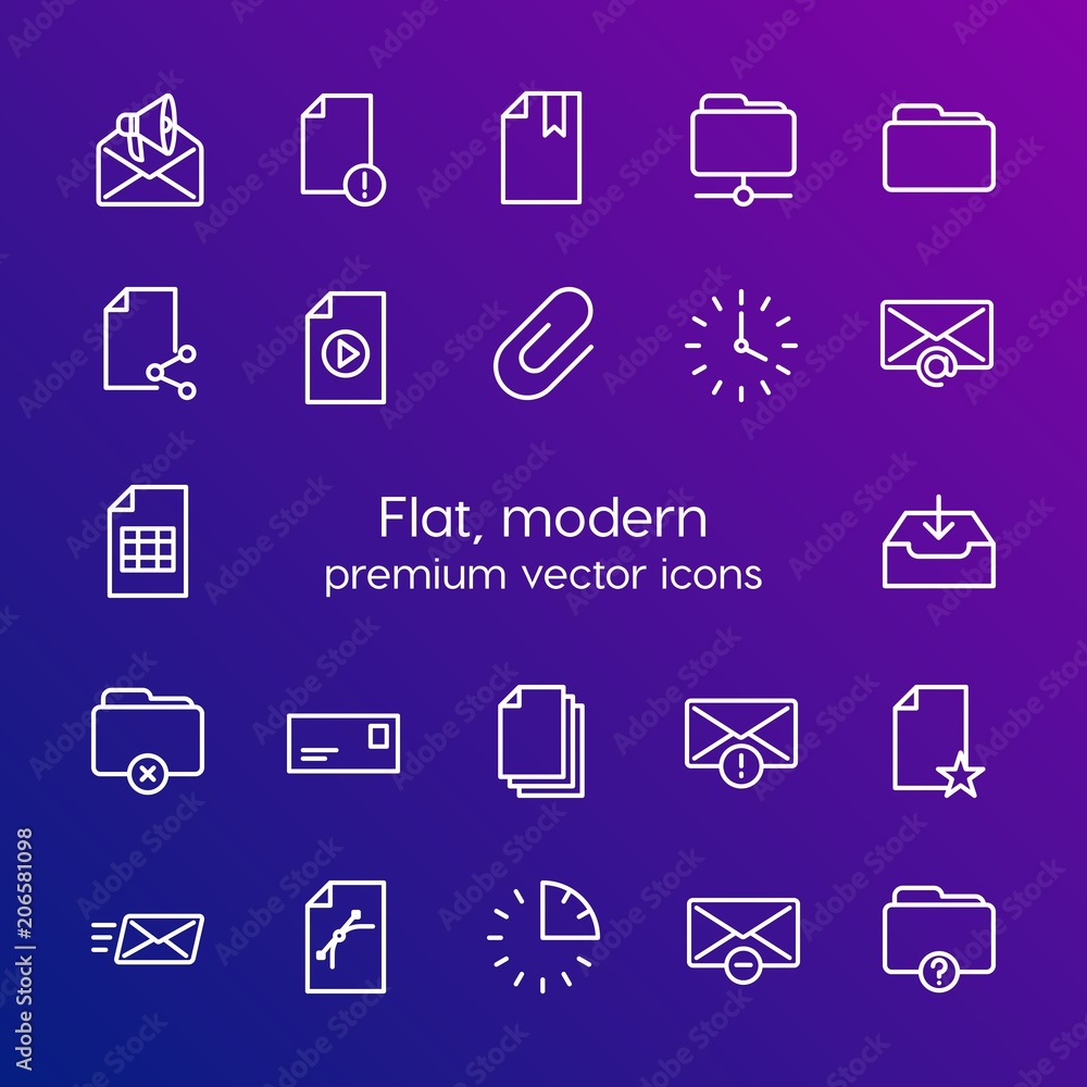 Poster modern simple set of folder, time, files, email vector outline icons. contains such icons as delete,