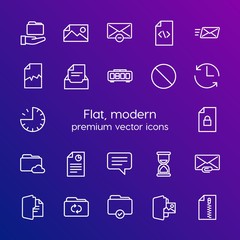 Modern Simple Set of folder, time, files, email Vector outline Icons. Contains such Icons as textile,  sand,  email,  corrupt, file,  zip and more on gradient background. Fully Editable. Pixel Perfect