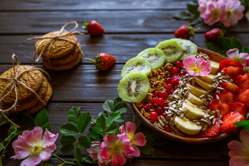 granola, fruit and biscuits